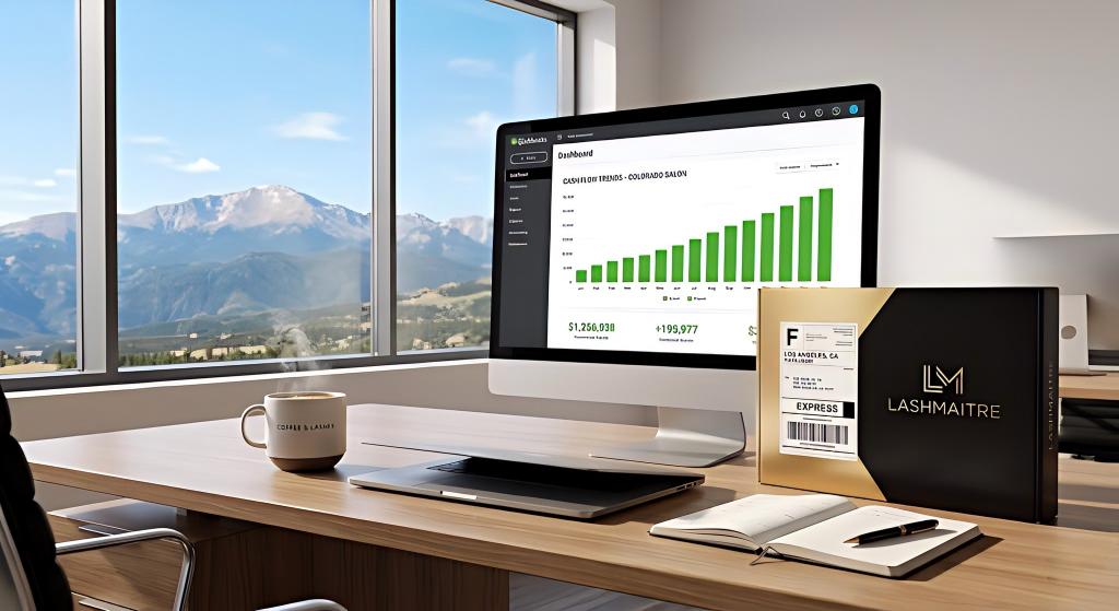 A perspective from a clean and modern salon back office in Colorado, overlooking a stunning range of snow-dusted Rocky Mountains through a large window. The wooden desk features an all-in-one desktop computer showing upward-trending bar charts for 'CASH FLOW TRENDS - COLORADO SALON' on its screen. Also visible are an open laptop, an open notebook with a pen, a steaming ceramic mug with 'COFFEE & LASHES', and a luxury black and gold LASHMAITRE shipping box from Los Angeles, labeled with a barcode. This organized, successful workspace is essential for managing eyelash extensions pueblo business operations.