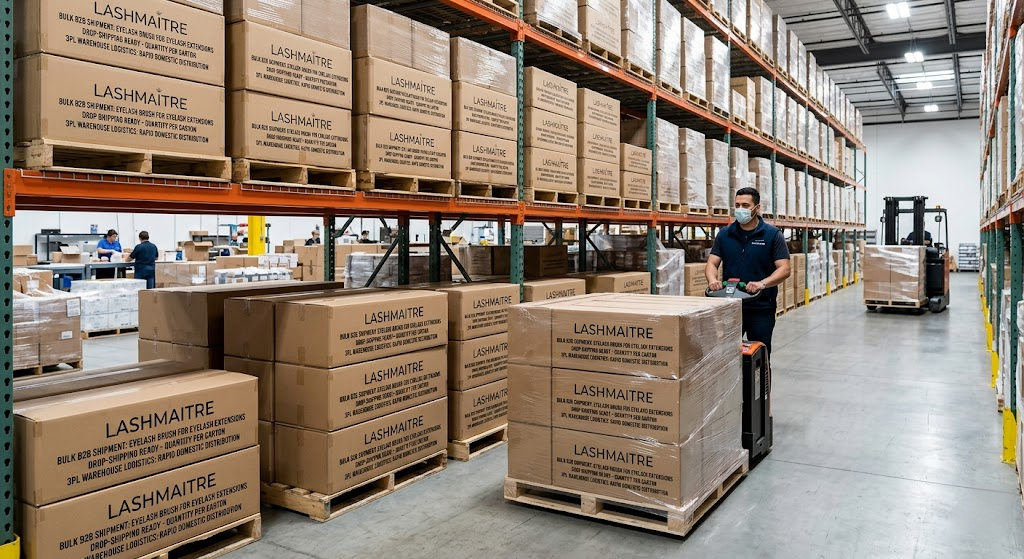 Large B2B 3PL shadow warehouse facility storing palletized master cartons for the private label lash brand "LashMaitre". Each carton is clearly labeled with text indicating bulk eyelash brush for eyelash extensions inventory. A logistics worker is pictured moving a pallet of brushes down an organized aisle, showcasing ready-to-ship distribution and order fulfillment.