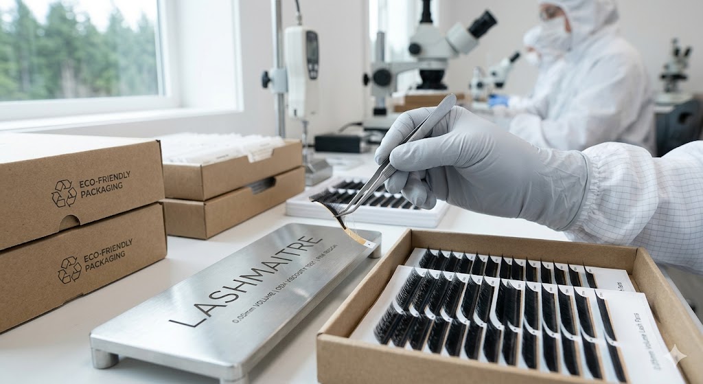 Macro photography of a B2B factory technician using precision tools to evaluate the tape viscosity of 0.03mm individual volume lash fibers on a production line, ensuring flawless quality for professional suppliers of premium eyelash extensions auburn. strictly demonstrating individual lashes, not consumer strip lashes.