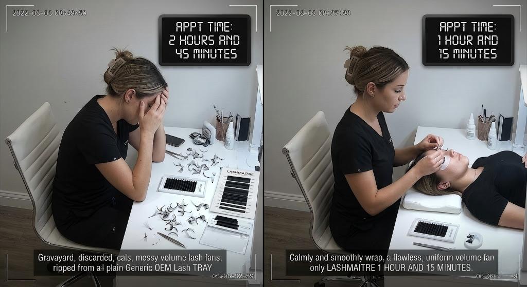 "A CCTV composite comparing lash application speed and frustration. Left: A technician hunched over a generic strip for eyelash extensions in Evansville at 2h 45m, with discarded messy fans. Right: The same technician using LASHMAITRE plasma-treated trays, working efficiently in 1h 15m with perfect posture and flawless fans."