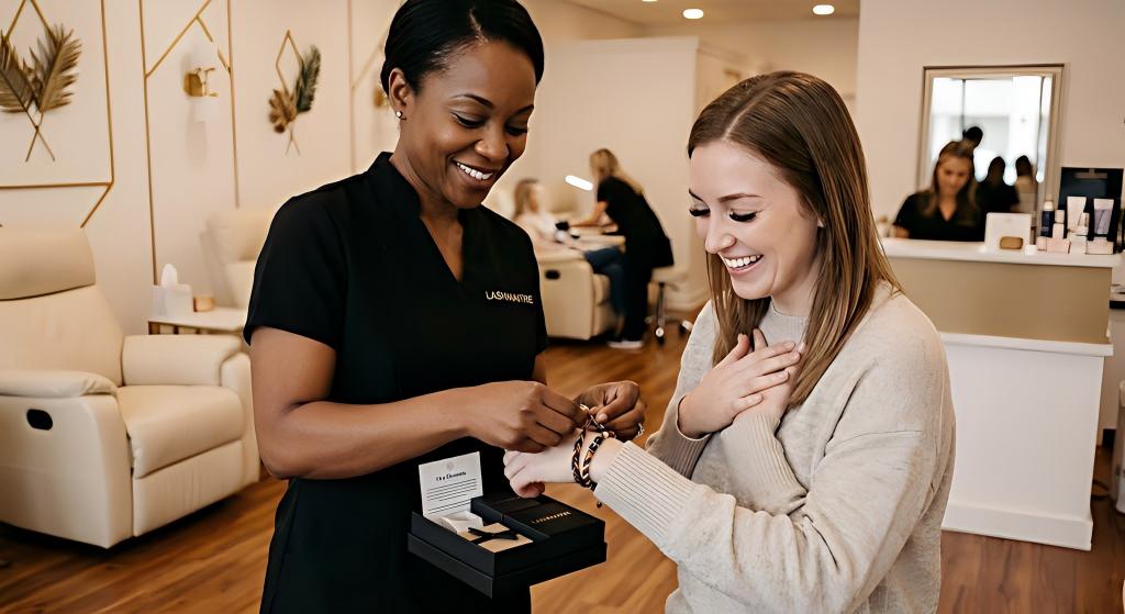 Inside a high-end Grand Rapids lash salon, a technician with flawless eyelash extensions grand rapids mi smiles while tying a Five Elements Lucky Bracelet from a LASHMAITRE box onto a client's wrist. The client looks down with a massive smile, showing gratitude after her service.