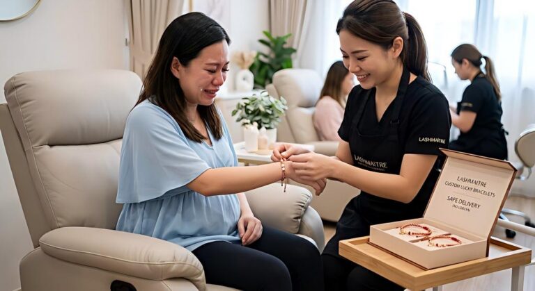 A smiling salon lash technician gently ties a LASHMAITRE safe delivery bracelet onto an expectant mother who is crying tears of joy after completing her safe eyelash extensions pregnancy service.