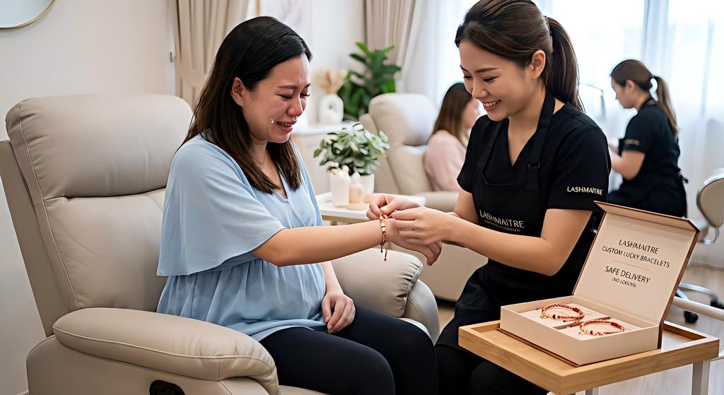 A smiling salon lash technician gently ties a LASHMAITRE safe delivery bracelet onto an expectant mother who is crying tears of joy after completing her safe eyelash extensions pregnancy service.