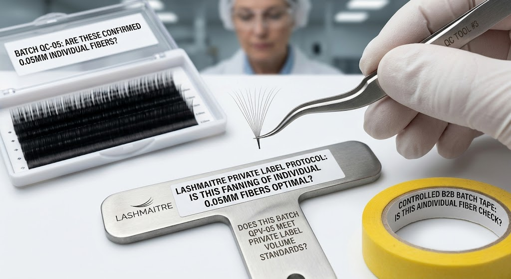 A senior factory technician performing a volume fanning test on 0.05mm individual eyelash extensions to ensure the high retention standards required for consistent eyelash extension refill prices in professional salons.