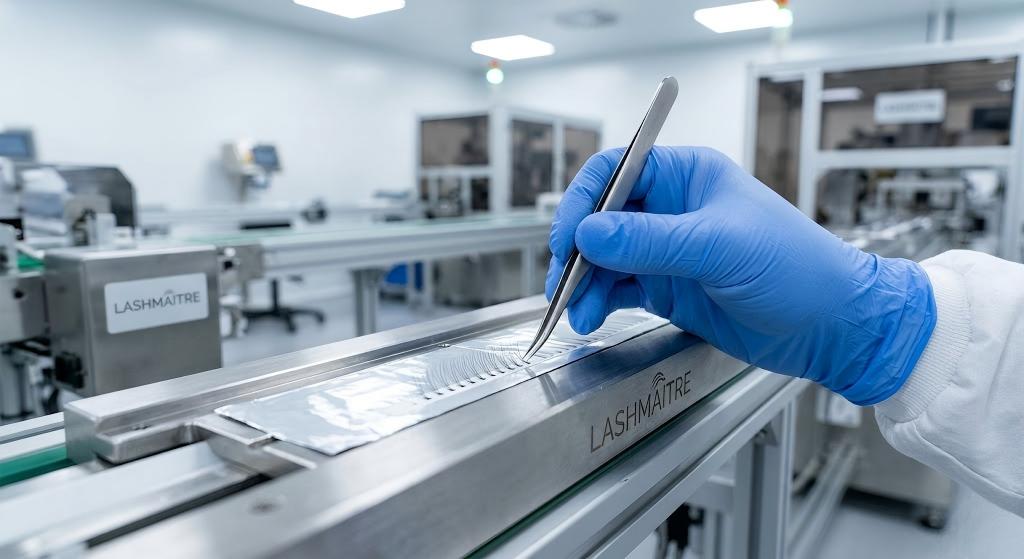 A close-up of a LASHMAITRE factory technician using professional isolation tweezers to align ultra-fine, individual hypoallergenic PBT lash extensions on a production line. These high-purity, professional fibers are manufactured to the highest safety standards, making them ideal for sensitive clients seeking safe eyelash extensions during pregnancy.