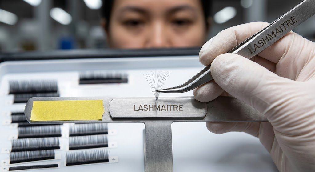 Factory quality control testing of 0.05mm individual volume eyelash extensions auburn destined for PNW professional lash artists.