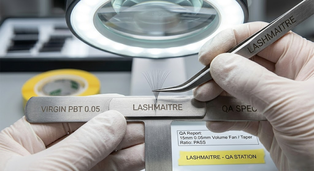 A close-up macro shot of a factory QA technician using a high-powered illuminated magnifying lamp to strictly examine the fine taper ratio of volume eyelash extensions 15mm in length.