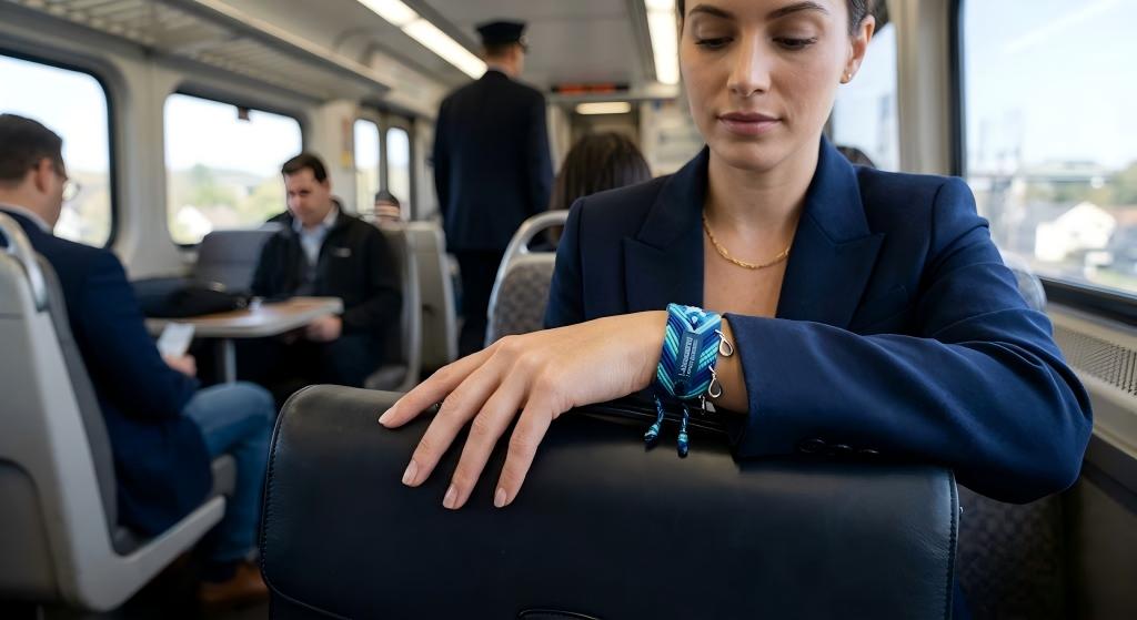 An editorial lifestyle photograph inside a Metro-North commuter train car heading toward Grand Central Station. Focus on a woman's manicured hand gracefully resting on a leather briefcase. A vibrant, woven LASHMAITRE "Water Element Lucky Bracelet" is visible under her blazer cuff, a perfect curated accessory after visiting a top salon for eyelash extensions in Fairfield, CT.