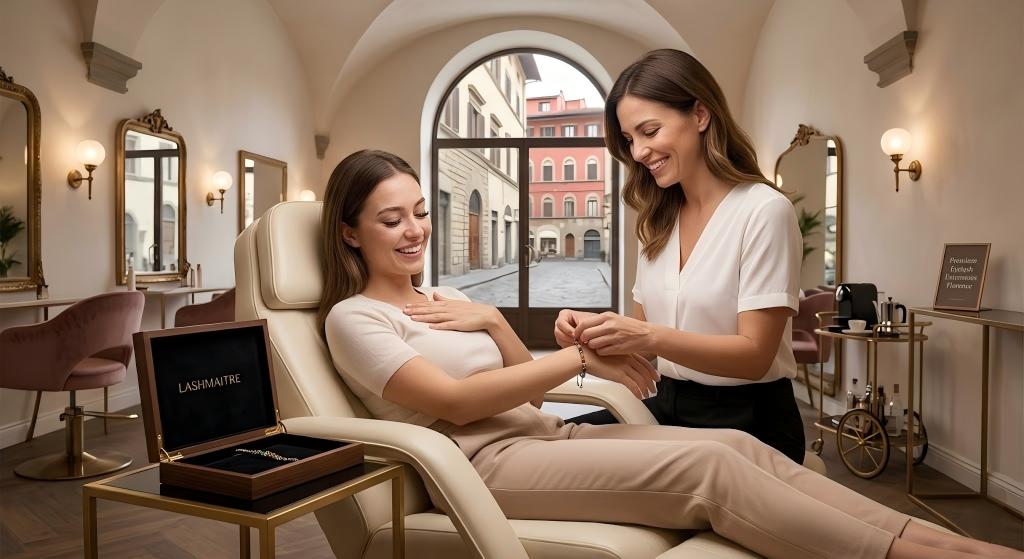 Inside a high-end salon, a master technician gently ties a woven lucky bracelet from a LASHMAITRE box onto a smiling client's wrist immediately following a flawless eyelash extensions florence application. The client’s dense, incredibly natural lash set is visibly perfect.
