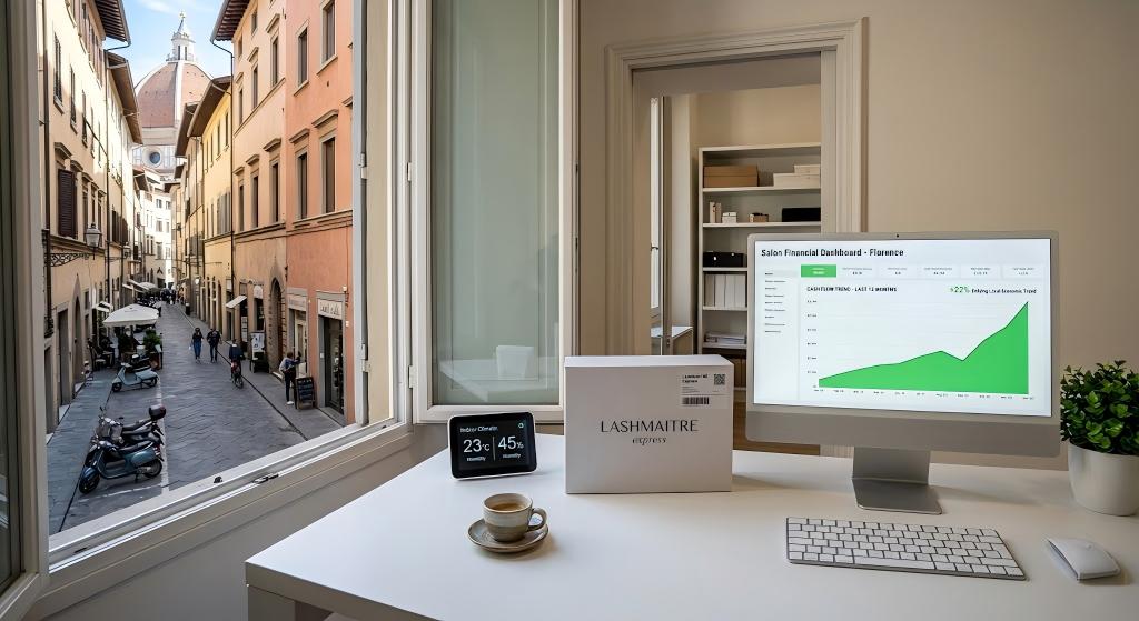 An organized salon owner's desk with a cup of coffee and a LASHMAITRE express package, overlooking a bustling Florence street. The computer monitor displays a successful financial dashboard, showing the growth of a business focused on eyelash extensions florence.