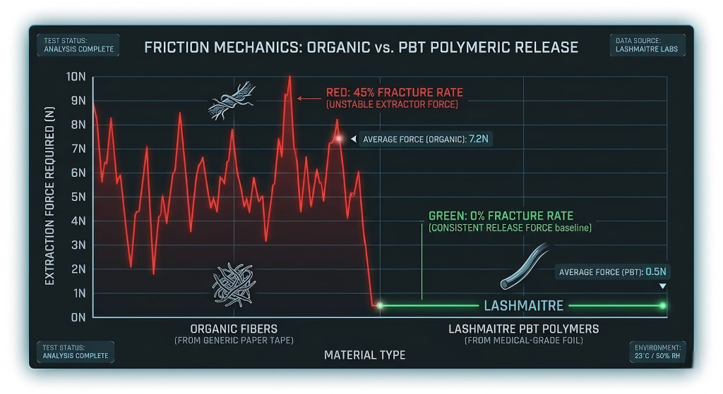 A high-contrast technical UI data visualization chart, rendered as a dashboard interface element, titled "FRICTION MECHANICS: ORGANIC vs. PBT POLYMERIC RELEASE." The chart features a dark, charcoal background with glowing, cyan-blue grid lines and digital readouts. The horizontal X-axis is labeled "MATERIAL TYPE," displaying categories "ORGANIC FIBERS (FROM GENERIC PAPER TAPE)" with a tangled icon, and "LASHMAITRE PBT POLYMERS (FROM MEDICAL-GRADE FOIL)" with a sleek icon. The vertical Y-axis is labeled "EXTRACTION FORCE REQUIRED (N)" from 0 to 10. A jagged, erratic red warning line labeled "RED: 45% FRACTURE RATE (UNSTABLE EXTRACTOR FORCE)" spikes across the Organic Fibers section. A perfectly flat, stable, glowing green baseline labeled "GREEN: 0% FRACTURE RATE (CONSISTENT RELEASE FORCE baseline)" runs horizontally across the PBT Polymers section. Callout arrows show average forces: 7.2N for Organic and 0.5N for PBT.