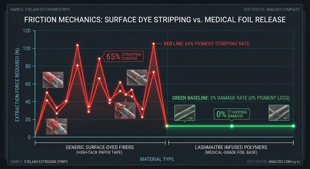 A high-contrast technical UI data visualization chart comparing different lash extension extraction forces. It plots Newtons against material type. A jagged red warning line indicates a 65% pigment stripping rate for generic surface-dyed colored fibers on high-tack paper tape. A flat, stable green baseline represents the 0% damage rate of LASHMAITRE's infused PBT polymers flawlessly releasing from our medical-grade foil base. Surrounding fine water droplets.