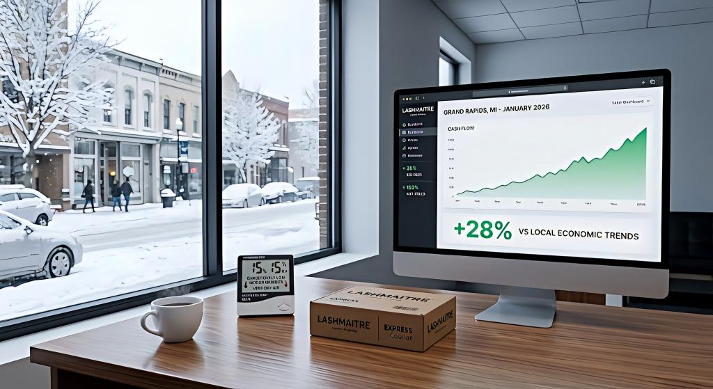 Wide, realistic photo of a Grand Rapids salon owner's tidy office overlooking a snowy street. On the desk are a coffee cup, a digital hygrometer with a low 15% indoor humidity reading, and a single, sleek LASHMAITRE express package. A computer monitor in the background shows an upward financial chart. "Grand Rapids salon owner's clean office desk overlooking a snowy street. On the desk are a coffee cup, a digital hygrometer with a low 15% humidity reading, and a single LASHMAITRE express package. A computer monitor displays an upward-trending cash flow chart, showcasing the high success of services like eyelash extensions grand rapids mi, even defying dry air challenges."