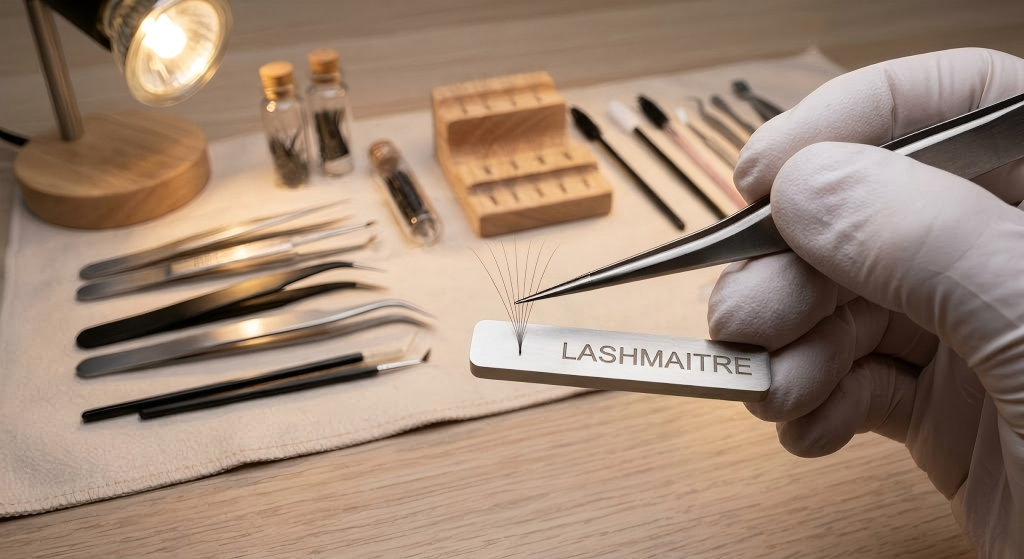 Macro photography of a LASHMAITRE artisan manually testing the fanning capability of 100% handmade 0.07mm individual lash fibers with precision tweezers, ensuring top-tier quality for professional salons offering premium eyelash extensions Carlsbad.