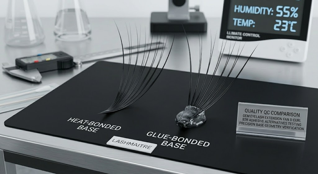 A professional side-by-side macro comparison of a LASHMAITRE heat-bonded eyelash extension fan d curl featuring a sharp needle-base versus a bulky glue-bonded premade fan for B2B quality testing.