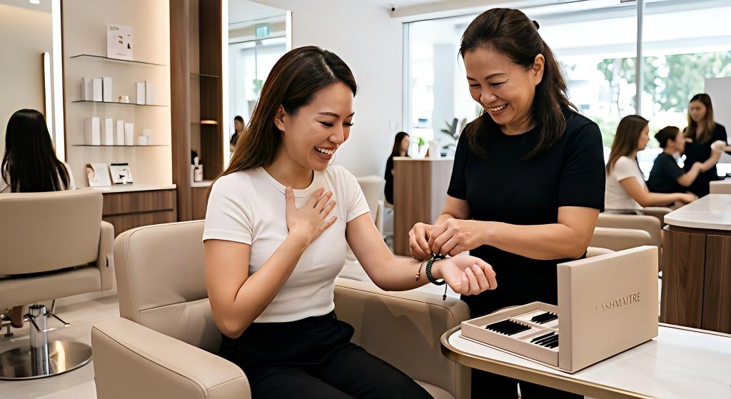 A wide-angle view inside a high-end beauty salon where a satisfied client, with restored confidence and flawless, dense eyelash extensions for sparse lashes, smiles broadly while a master technician ties a woven green 'Wood-Element Vitality & Growth Lucky Bracelet' on her wrist. The LASHMAITRE custom tray box is on a table nearby.