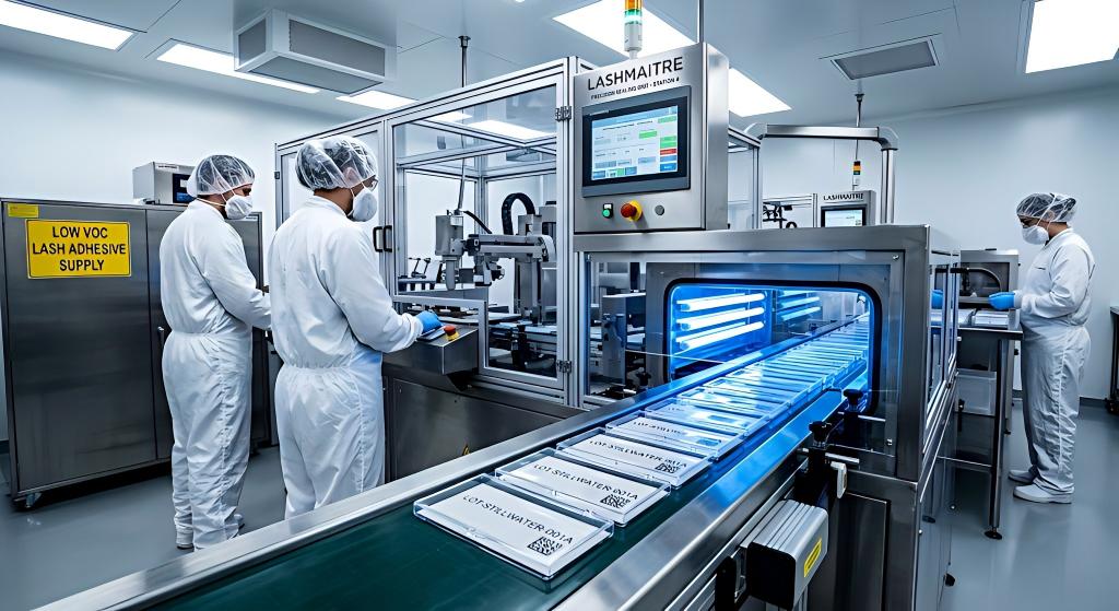 Cleanroom technicians in full protective gear monitor an automated vacuum sealing machine where rows of custom lash trays pass under blue UV-C sterilization lights. Each tray has scannable batch tracking barcodes."