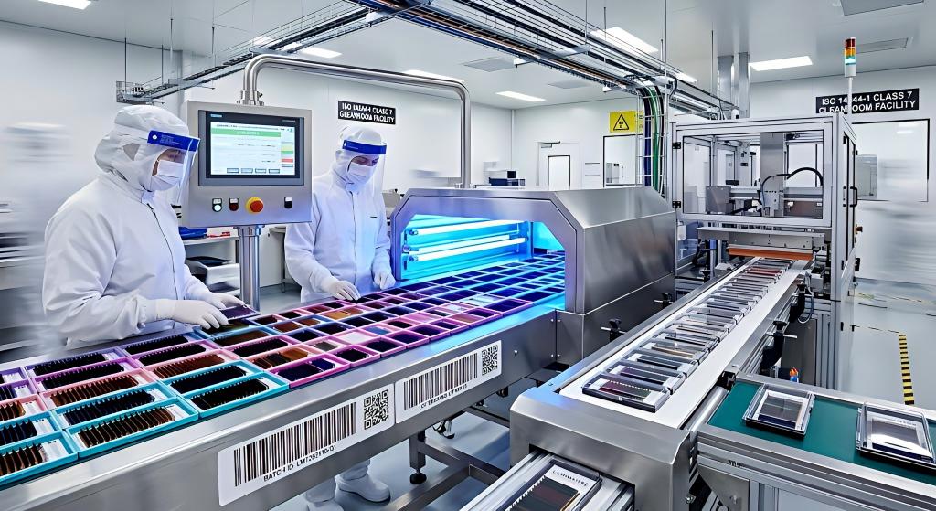 Two technicians in full white anti-static cleanroom suits and masks oversee an automated conveyor belt transporting brightly colored eyelash extension trays under a brilliant blue UV-C sterilization light array in an ISO-compliant cleanroom facility.