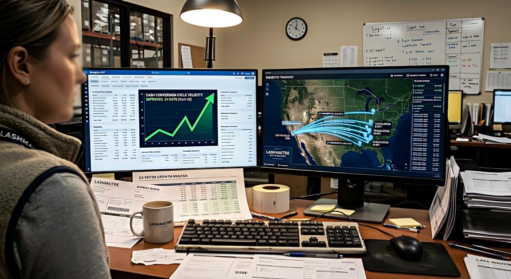 Logistics manager desk with dual monitors displaying an upward Cash Conversion Cycle graph and JIT shipment map from LA to Tuscaloosa, alongside an EBITDA spreadsheet.