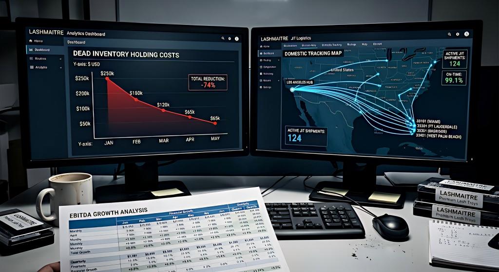 Dual-monitor logistics desk showing a downward graph of dead inventory costs and a US map tracking JIT shipments from Los Angeles to South Florida, with an EBITDA spreadsheet in the foreground.