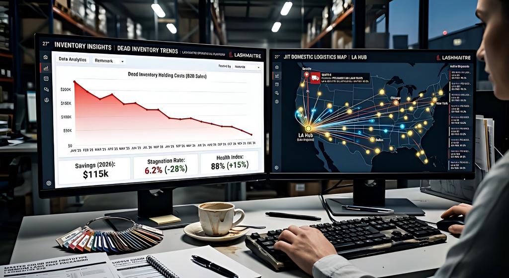 High-contrast photo of a logistics management desk. Dual monitors show enterprise software: the left highlights a sharp red downward trend in "Dead Inventory Holding Costs," and the right features a radiating US map tracking real-time JIT shipments from Los Angeles. In the foreground are a physical color ring prototype and an espresso.