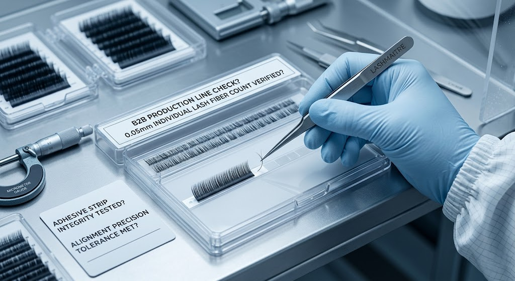 Macro photography of a senior factory technician hand-aligning individual 0.05mm lash extensions, demonstrating the labor-intensive manufacturing precision that supports the detailed eyelash extension price list for B2B wholesale clients.