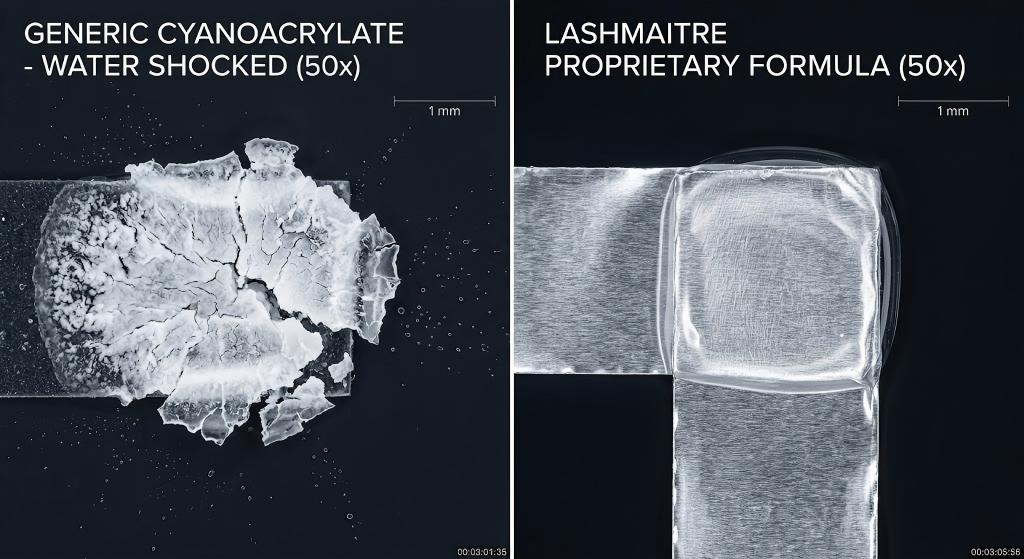 A split-screen 50x magnified laboratory photograph. The left shows a generic cyanoacrylate bond severely damaged by water shock, displaying frosty white blooming (crystalline micro-fractures) and jagged, brittle edges. The right shows the LASHMAITRE proprietary formula bond, which is perfectly clear, smooth, and seamlessly encapsulating a reflective medical-grade foil base, with no structural degradation.Surrounded by fine water droplets.
