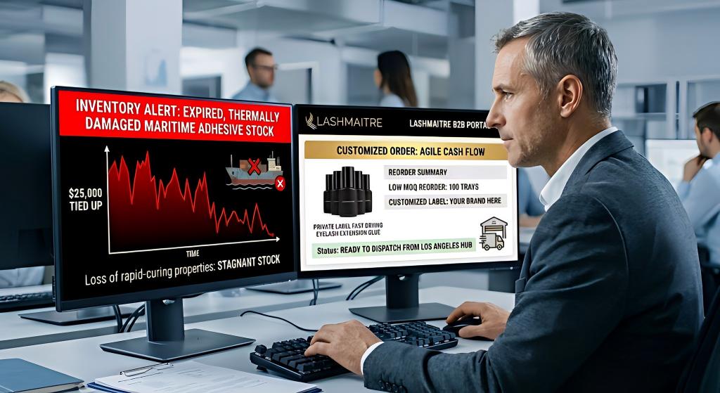 Dual monitors show a red inventory alert graph for expired maritime glue on the left, and the LASHMAITRE B2B portal for reordering private label fast drying lash glue on the right.