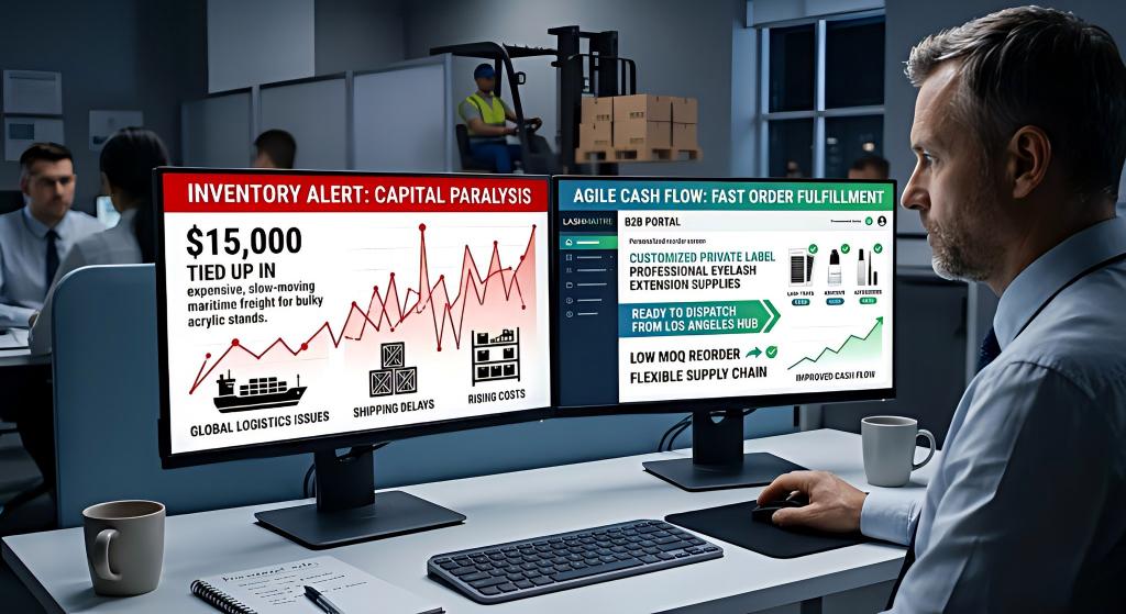 Dual-monitor B2B workstation contrasting a red maritime freight inventory alert for bulky stands versus agile reordering via the LASHMAITRE portal for private label lash supplies.
