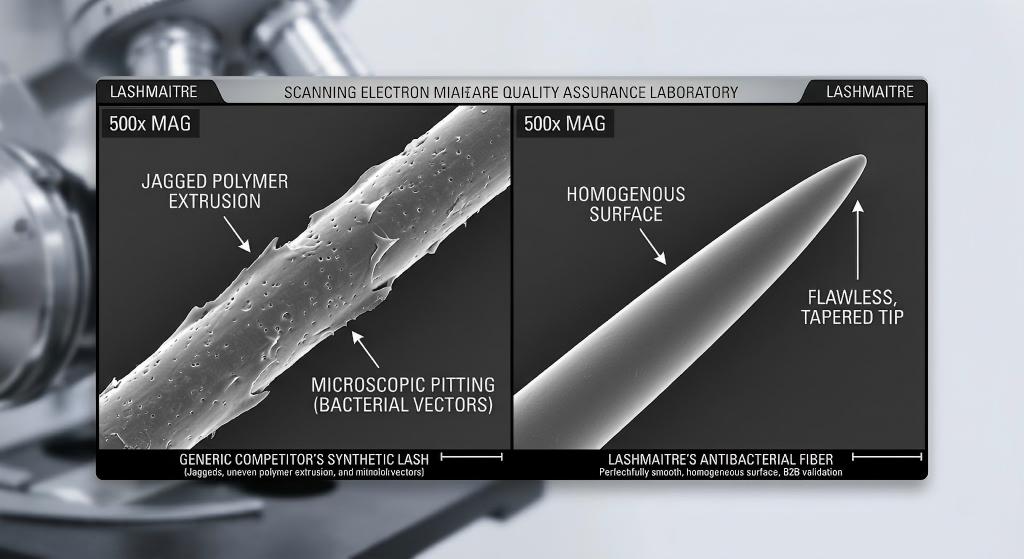 500x SEM split-screen comparing a jagged, pitted generic competitor lash to a perfectly smooth LASHMAITRE antibacterial fiber with a tapered tip.