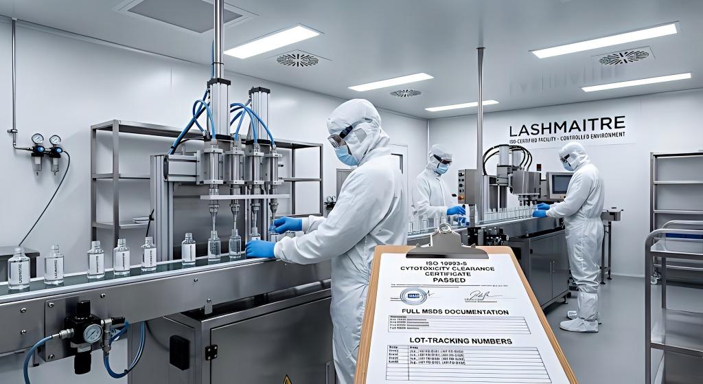 Sterile workers using automated dispensers to bottle fast drying eyelash extension glue in a LASHMAITRE clean-room, with ISO certificates visible in the foreground.