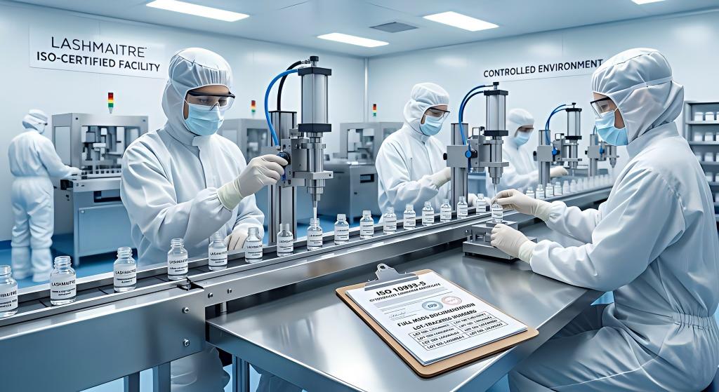 LASHMAITRE operators in sterile gear using automated pneumatic dispensers to bottle formaldehyde-free lash adhesive inside an ISO-certified clean-room, with safety documentation in the foreground.
