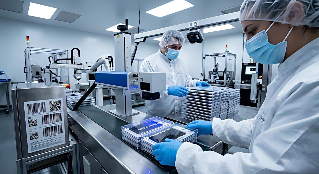 Technicians in a LASHMAITRE cleanroom using a laser etching machine to mark private label lash trays with barcodes and the text BATCH: PA-WC-410.