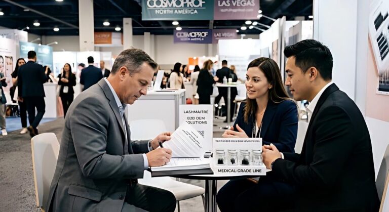 Regional procurement director signs a high-value OEM contract with LASHMAITRE executives at the Cosmoprof North America exhibition. He is reviewing the agreement on a table alongside LASHMAITRE medical-grade, heat-bonded micro-base volume lash jars.
