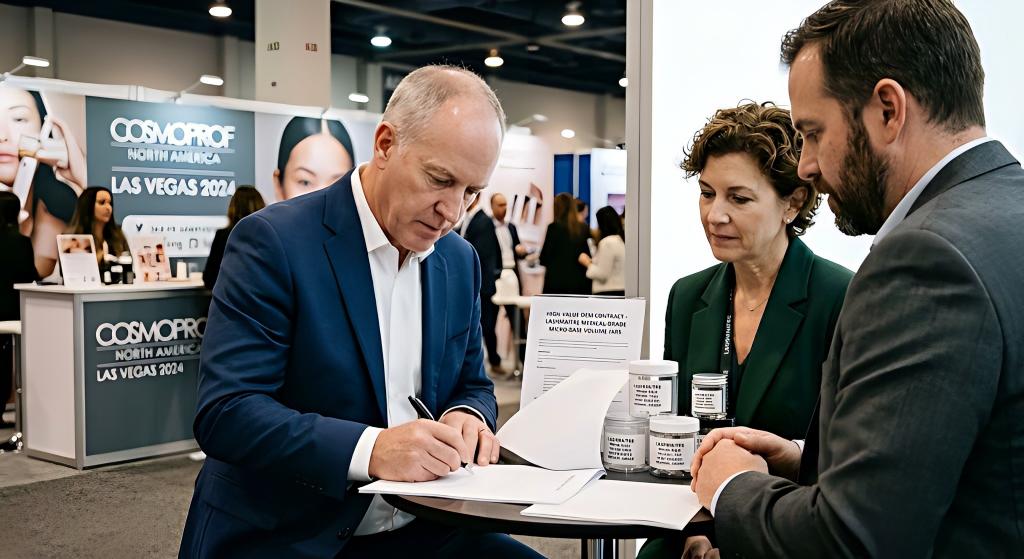 Regional procurement director signs a high-value OEM contract with LASHMAITRE executives at Cosmoprof North America to secure a medical-grade line of heat-bonded micro-base volume lashes.