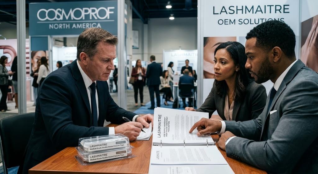 Intense B2B trade show negotiation at a Cosmoprof North America booth. Regional procurement director in dark suit leans over a high-value OEM contract, holding a pen. Two LASHMAITRE executives, across from him, focus intently on the document; one points to a clause. A display of proprietary medical-grade double-heated volume trays sits nearby.