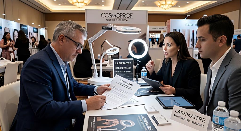 Regional procurement director signs a high-value OEM contract with LASHMAITRE executives at the Cosmoprof North America exhibition. He is reviewing the agreement on a table alongside a LASHMAITRE professional LED ring light and technical specifications for their proprietary medical-grade lighting ecosystem.