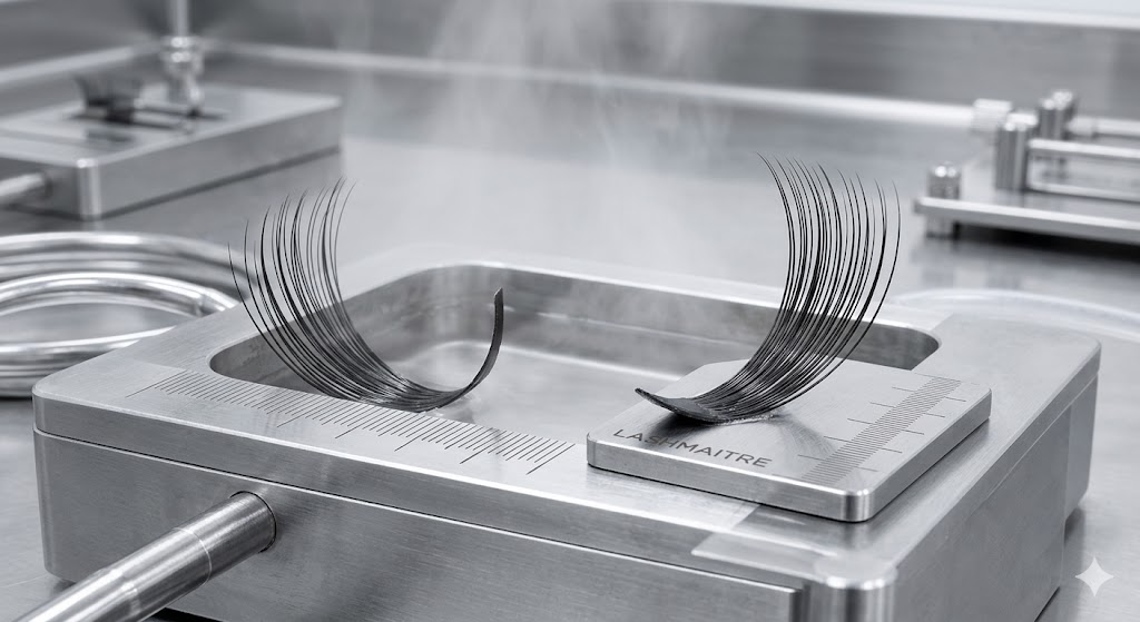 A sterile lab macro-photo comparing two lash fibers on a test rig submerged in a 75°C steam bath. The generic lash on the left is nearly straight (J curl), while the LASHMAITRE double-heated lash on the right holds a perfect D curl.