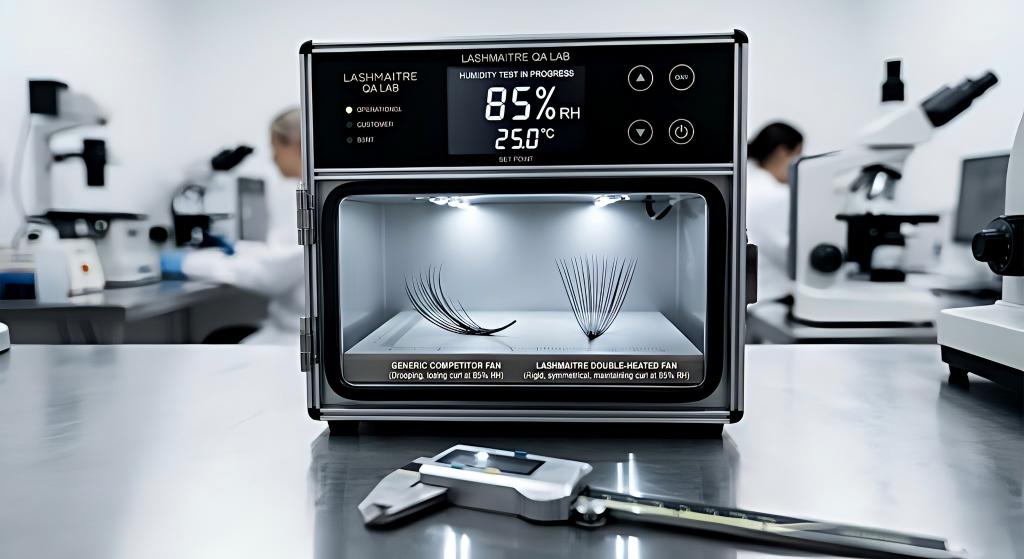 A clinical, high-contrast photograph taken inside the LASHMAITRE quality assurance laboratory, focusing on a digital humidity control chamber set to 85% RH (Relative Humidity). Inside the chamber, a competitor's volume lash fan is drooped and losing its curl, while a LASHMAITRE double-heated volume fan stands rigid and symmetrical. A digital caliper is blurred in the immediate foreground.