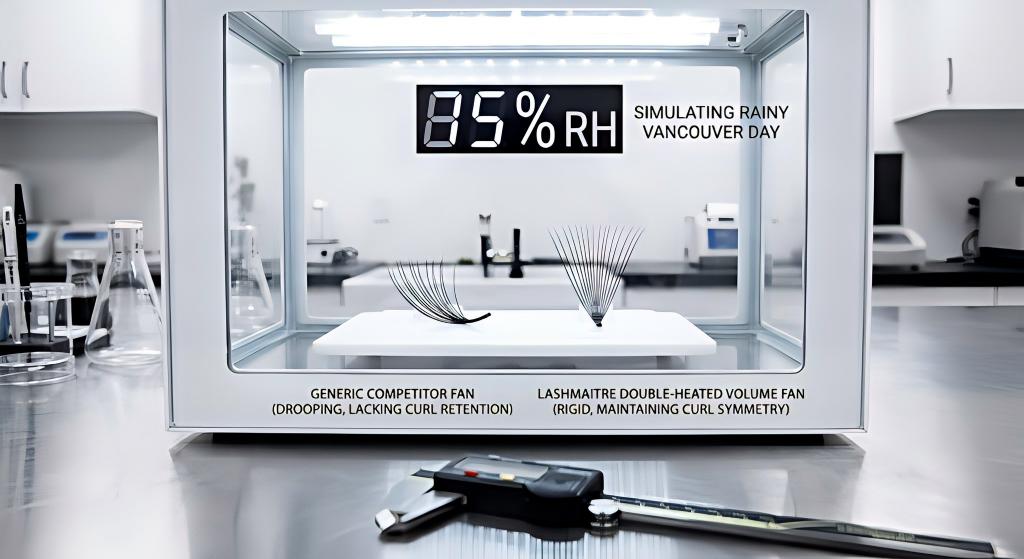 A high-contrast photo taken inside the LASHMAITRE QA lab showing a generic competitor lash fan drooping and losing its curl structure, while a LASHMAITRE double-heated volume fan stands rigid and symmetrical next to it, both inside a digital humidity control chamber set to 85% RH.