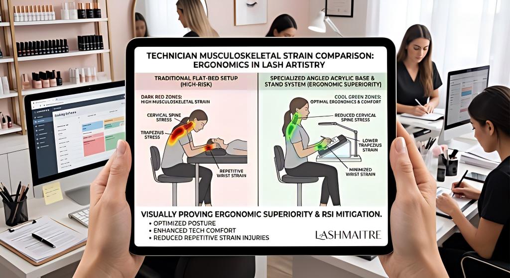 Heat map infographic on a tablet showing reduced musculoskeletal strain on a lash technician using an angled acrylic extension stand compared to a traditional flat bed.