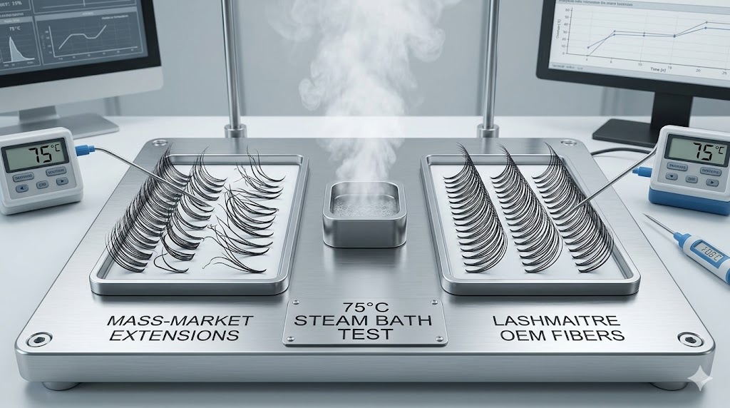 Macro-photograph comparing mass-market 'fadlash' extensions (left) against LASHMAITRE double-heated fibers (right) on a stainless-steel test rig after a 75°C steam bath. The marketplace lashes are straight, while the LASHMAITRE fibers retain perfect 'D' curvature.