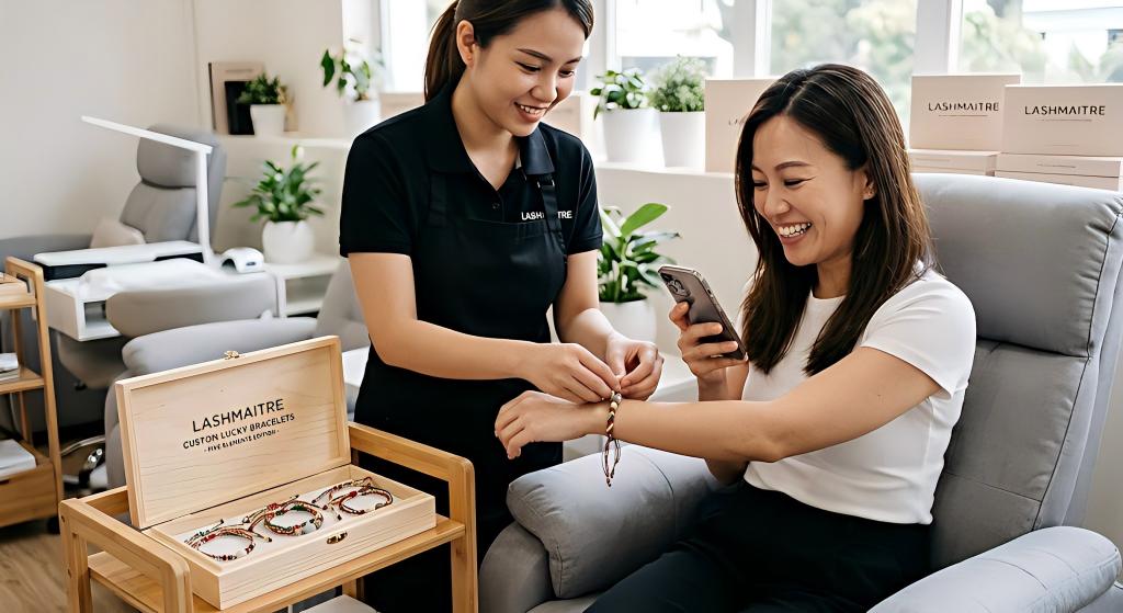 A smiling lash technician in a Pleasanton, CA salon gently ties a woven LASHMAITRE Five Elements Lucky Bracelet onto a happy client's wrist. The client, showing off her incredibly natural-looking eyelash extensions pleasanton ca, holds up her phone to capture a photo of the unique post-service gift. The scene highlights personalized client care.