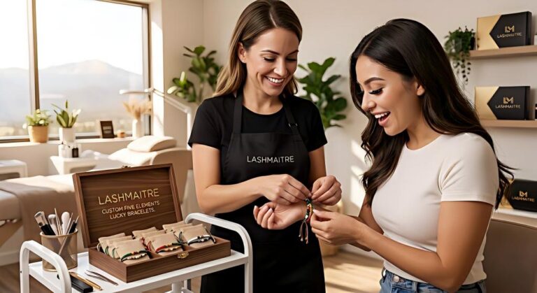 A smiling lash technician ties a beautifully woven Five Elements Lucky Bracelet onto a delighted client's wrist after completing a flawless set of eyelash extensions pueblo. The bracelet is pulled from a custom LASHMAITRE wooden display box in a sunlit salon.