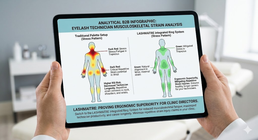 An analytical B2B infographic displayed on a tablet held by a clinic director. The screen shows a heat map comparison of a technician's musculoskeletal strain. On the left, titled "Traditional Palette Setup," a human diagram shows dark red stress zones in the trapezius (neck/shoulders) and wrist, indicating high repetitive strain injury (RSI) risk. On the right, titled "LASHMAITRE Integrated Ring System," a human diagram shows cool green zones in the same areas, illustrating mitigated stress and ergonomic superiority for preventing RSIs.