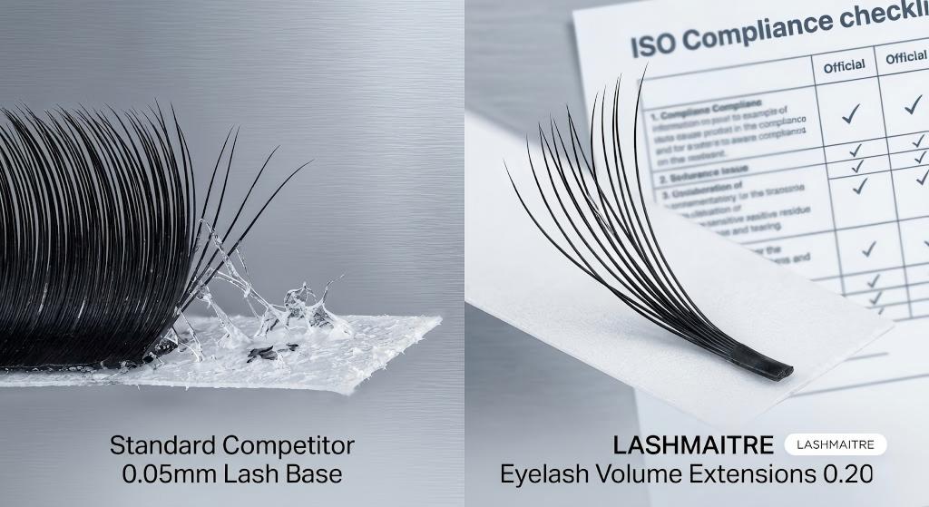 100x macro comparison showing jagged adhesive residue on a competitor's lash base versus the clean, matte base of LASHMAITRE eyelash volume extensions 0 20.