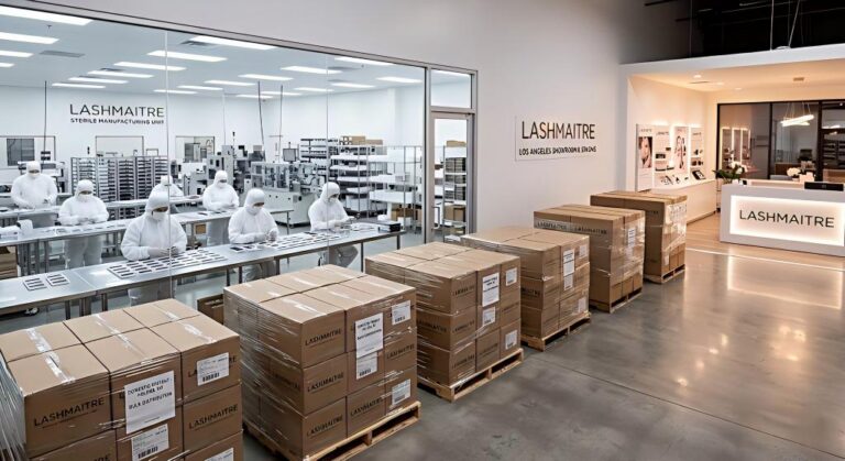 LASHMAITRE sterile manufacturing floor and Los Angeles showroom showing clean-room workers inspecting premium individual lash trays and shipping pallets, ensuring a consistent, factory-direct supply for eyelash extensions Helena MT.