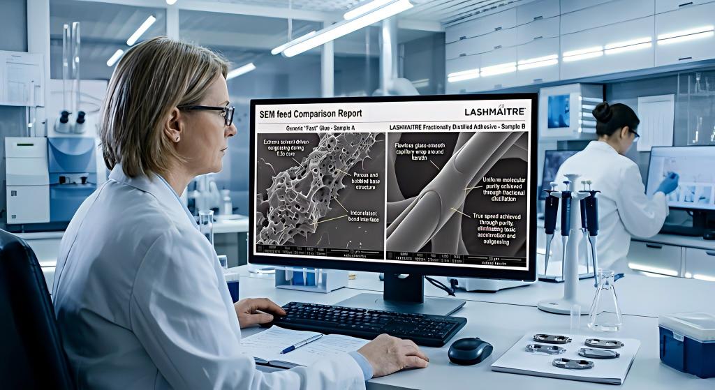 Split-screen SEM monitor in a lab contrasting a bubbled generic cyanoacrylate bond with LASHMAITRE's smooth, fractionally distilled adhesive wrap.
