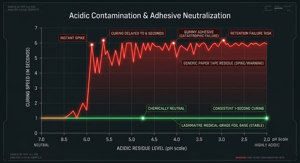 A technical data visualization chart comparing the impact of acidic residue on adhesive curing speed. It shows a stable green line representing LASHMAITRE's neutral foil base versus a jagged red line indicating generic paper tape residue causing curing time to spike from 1 to 6 seconds.