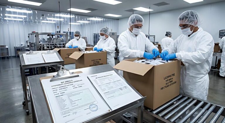 Documented clinical-grade production: LASHMAITRE workers in sterile gear pack bulk lash ring cartons, verified by the foreground ISO 10993-5 cytotoxicity clearance certificates.